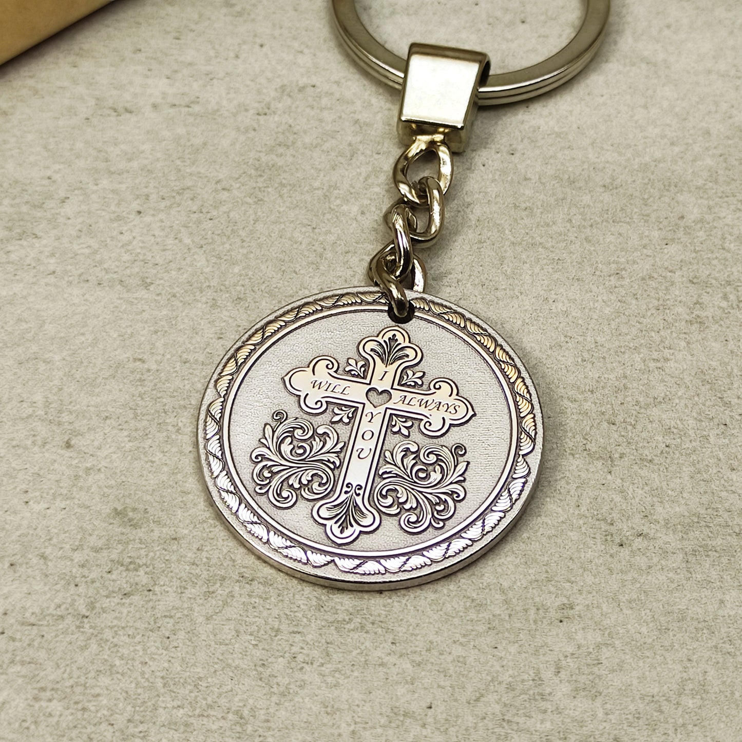 Personalized Steel Coin Keychain with Cross - Protective Gift Keychain for Men and Women