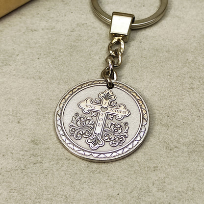 Personalized Steel Coin Keychain with Cross - Protective Gift Keychain for Men and Women