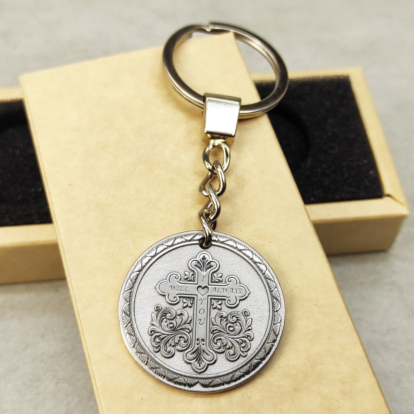 Personalized Steel Coin Keychain with Cross - Protective Gift Keychain for Men and Women