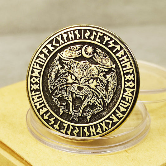 Personalized Brass "Fenrir Wolf" Coin with Runic Engraving