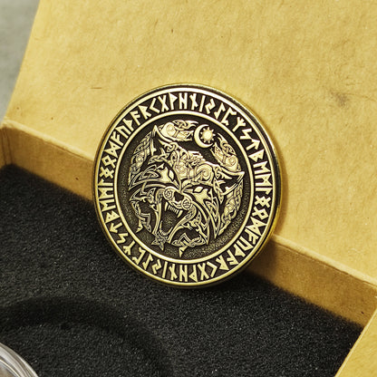 Personalized Brass "Fenrir Wolf" Coin with Runic Engraving