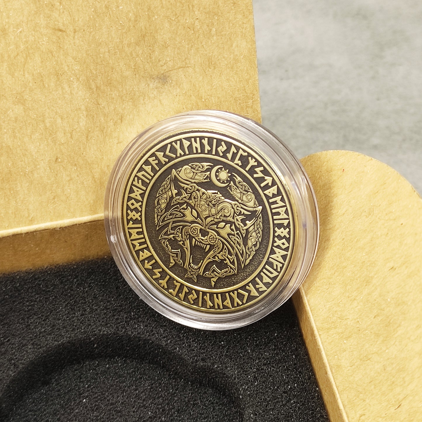 Personalized Brass "Fenrir Wolf" Coin with Runic Engraving