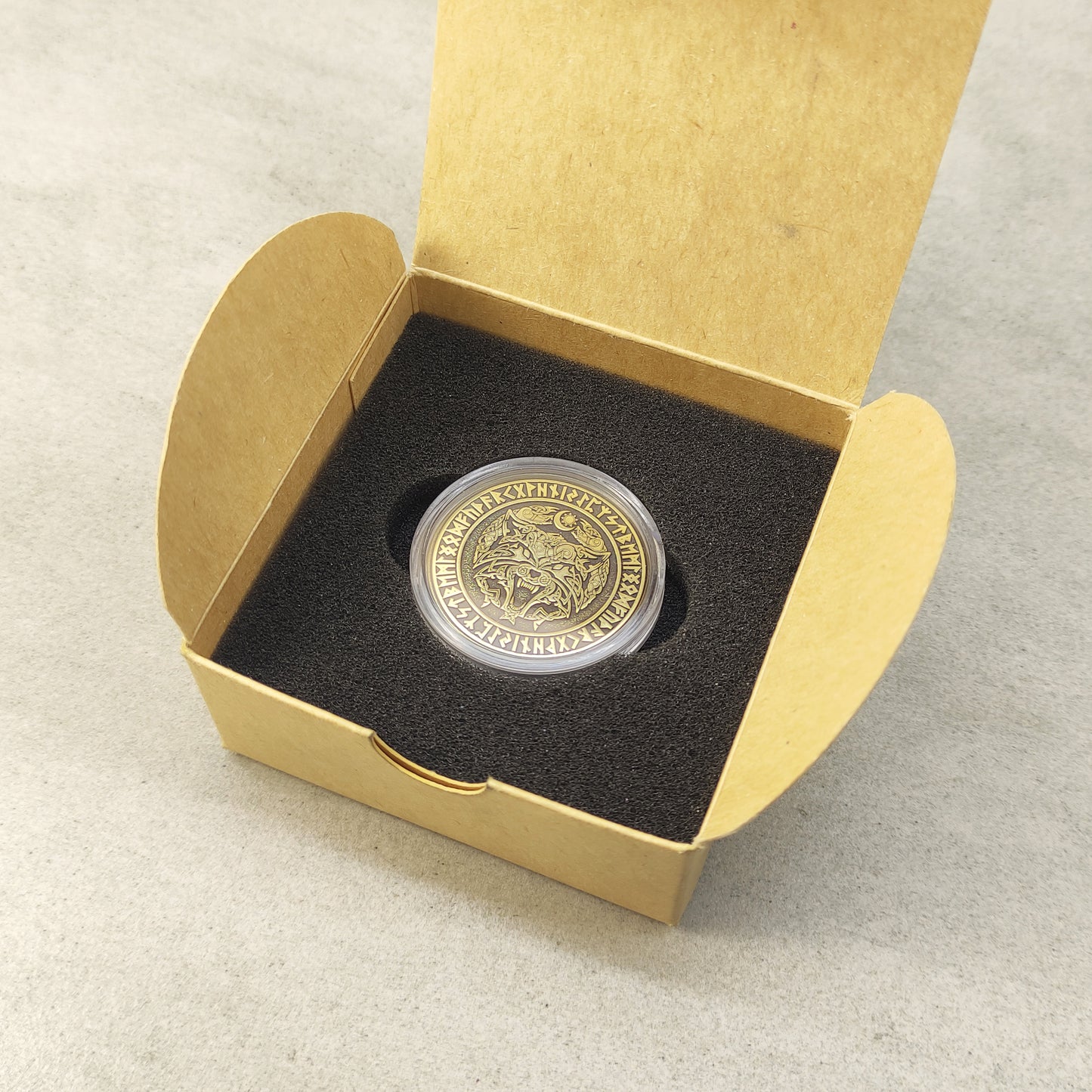 Personalized Brass "Fenrir Wolf" Coin with Runic Engraving