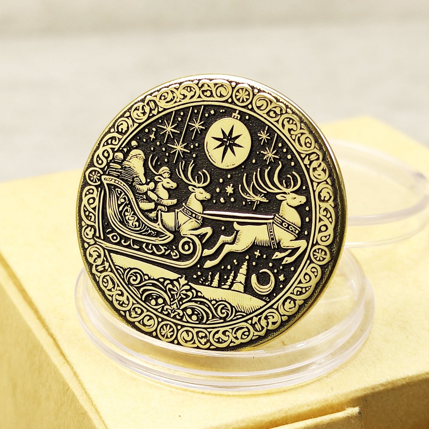 Brass "Santa in Sleigh" Coin with Personalization — Christmas Gift