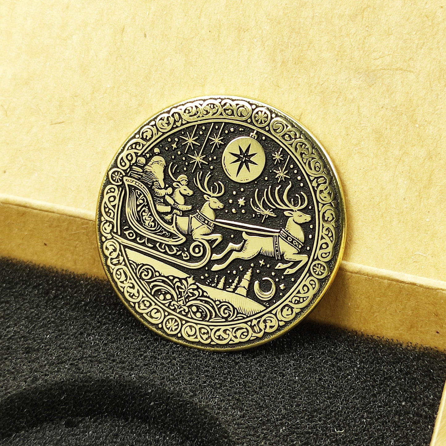 Brass "Santa in Sleigh" Coin with Personalization — Christmas Gift