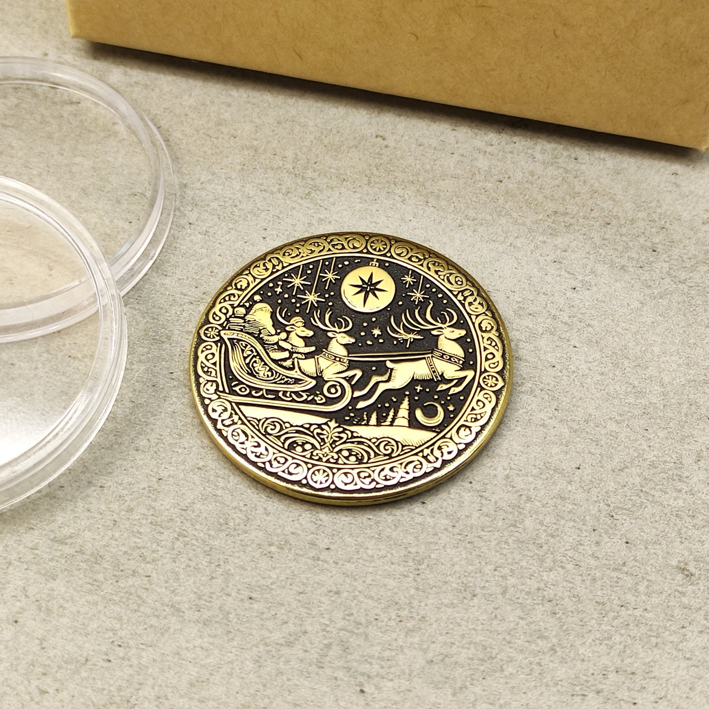 Brass "Santa in Sleigh" Coin with Personalization — Christmas Gift