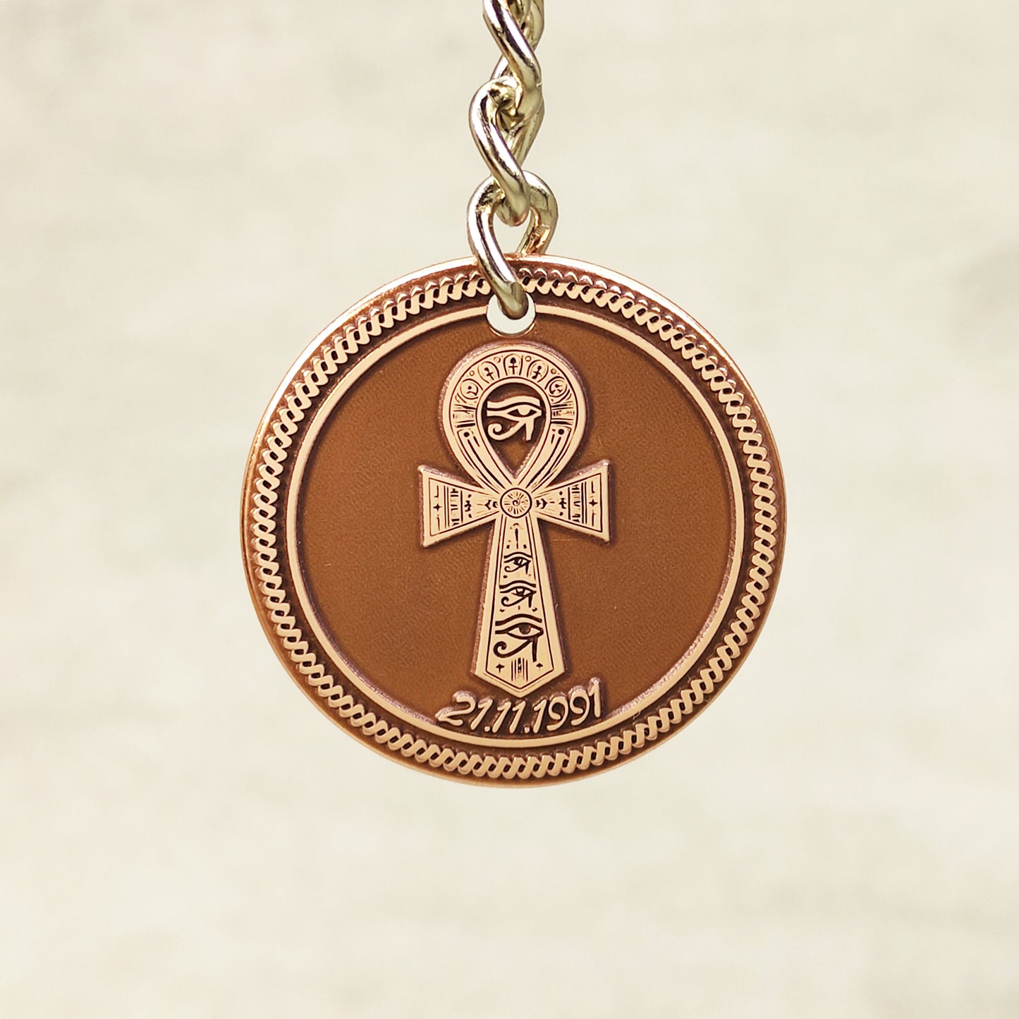 Copper Coin Keychain with Egyptian Ankh – Personalized Symbol of Life