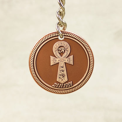 Copper Coin Keychain with Egyptian Ankh – Personalized Symbol of Life