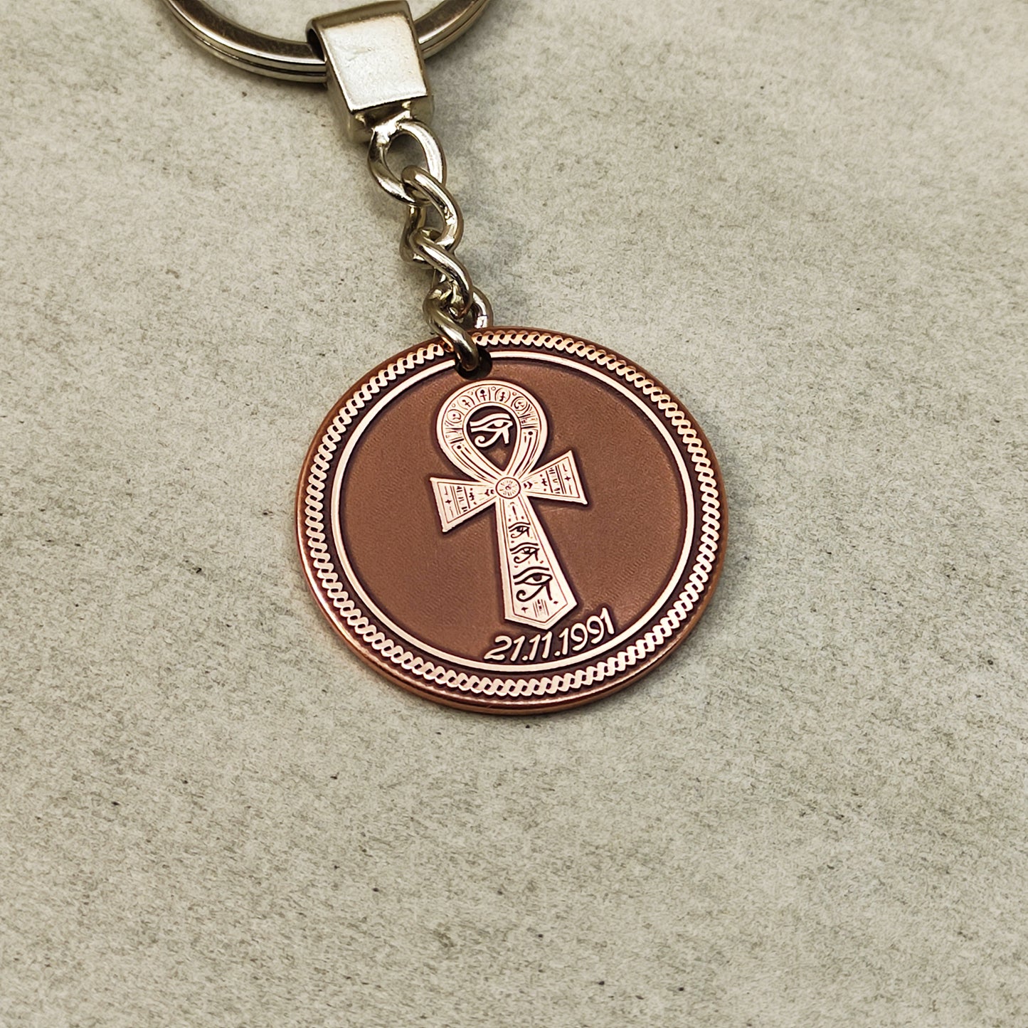 Copper Coin Keychain with Egyptian Ankh – Personalized Symbol of Life