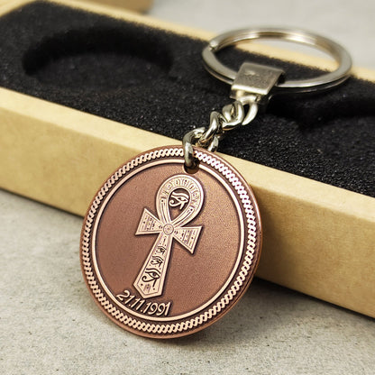 Copper Coin Keychain with Egyptian Ankh – Personalized Symbol of Life