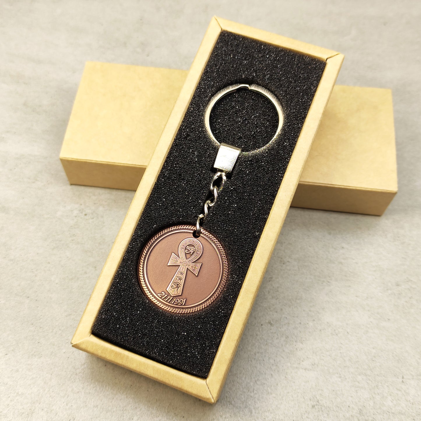 Copper Coin Keychain with Egyptian Ankh – Personalized Symbol of Life