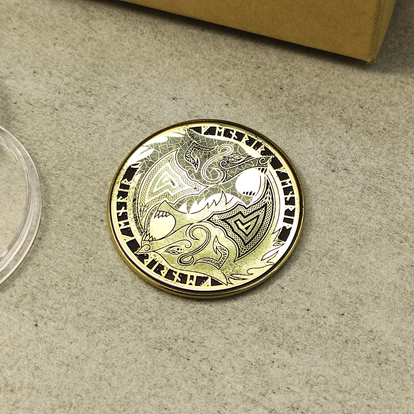 Brass "Fenrir Wolf" Coin with Unique Nordic Ornament and Custom Engraving