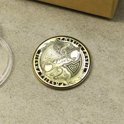 Brass "Fenrir Wolf" Coin with Unique Nordic Ornament and Custom Engraving