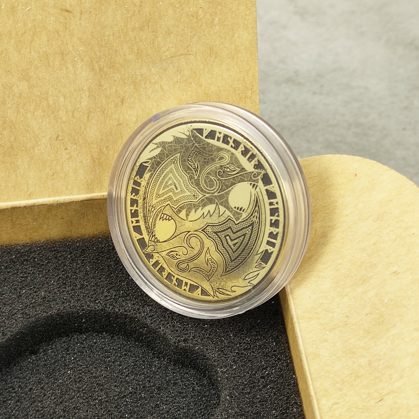 Brass "Fenrir Wolf" Coin with Unique Nordic Ornament and Custom Engraving