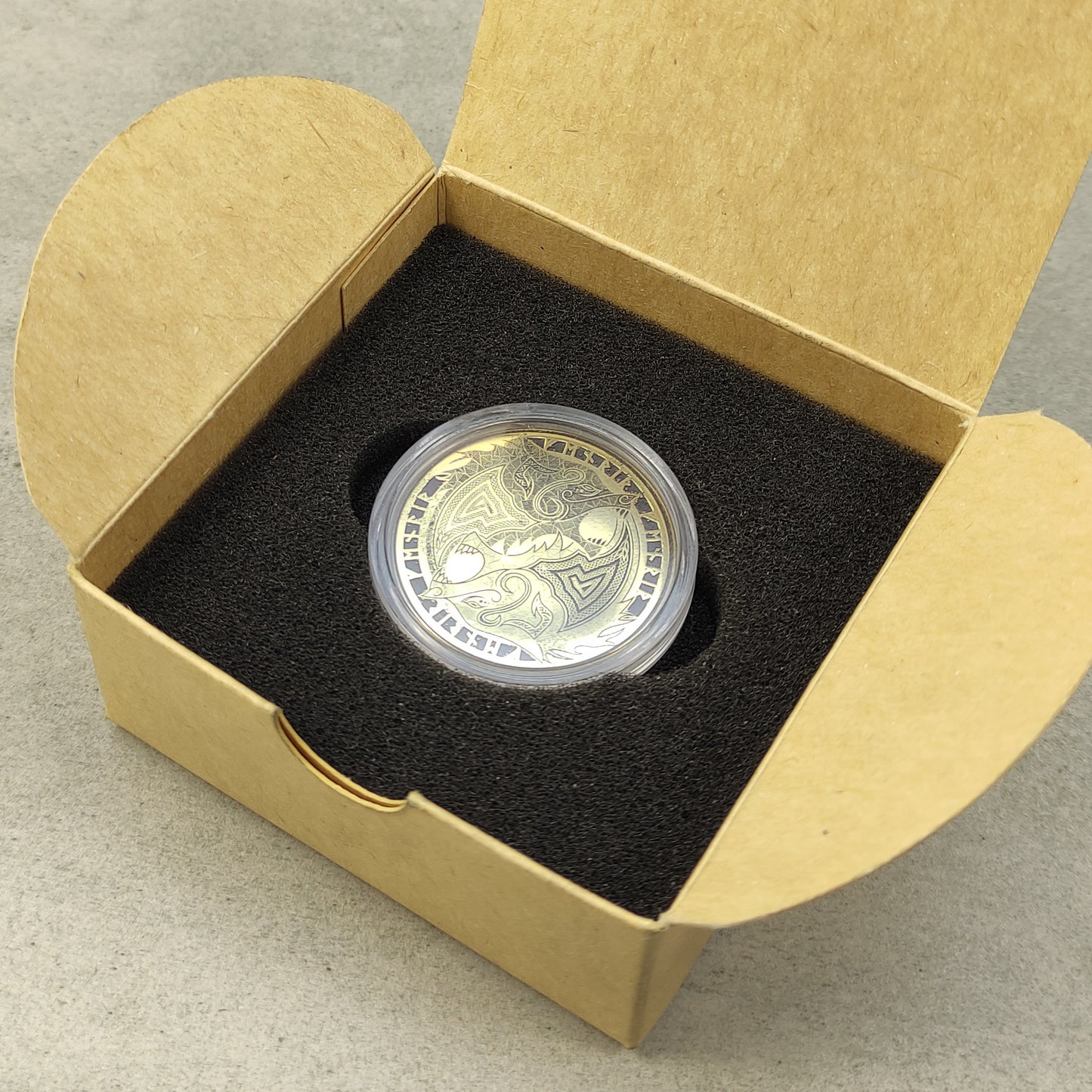 Brass "Fenrir Wolf" Coin with Unique Nordic Ornament and Custom Engraving