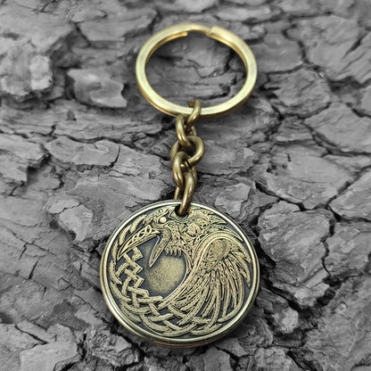 Brass Coin Keychain Odin’s Raven – Personalized Norse Talisman of Wisdom and Strength