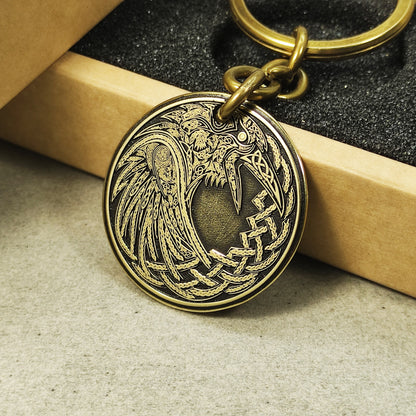 Brass Coin Keychain Odin’s Raven – Personalized Norse Talisman of Wisdom and Strength