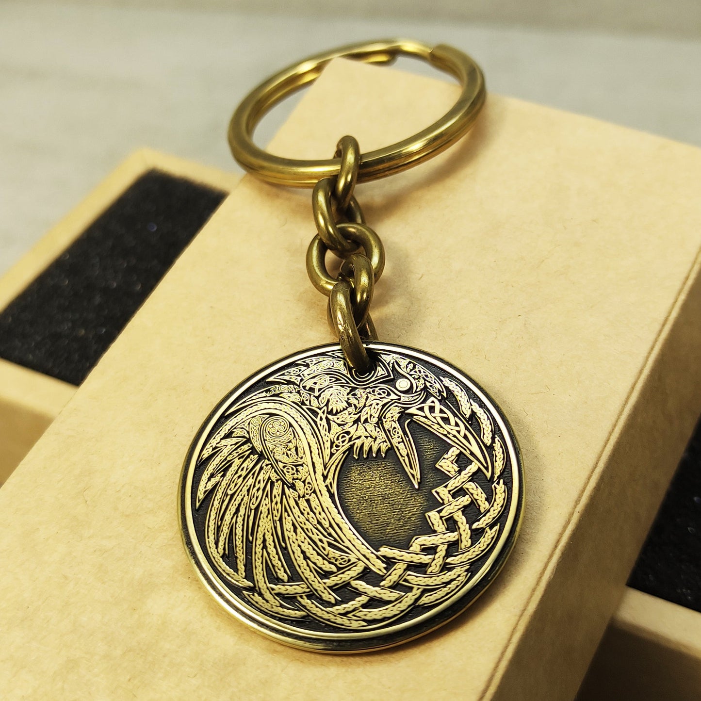 Brass Coin Keychain Odin’s Raven – Personalized Norse Talisman of Wisdom and Strength