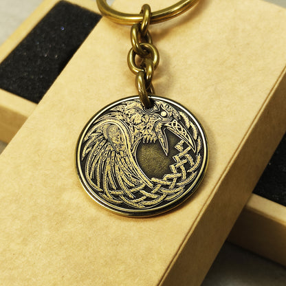 Brass Coin Keychain Odin’s Raven – Personalized Norse Talisman of Wisdom and Strength