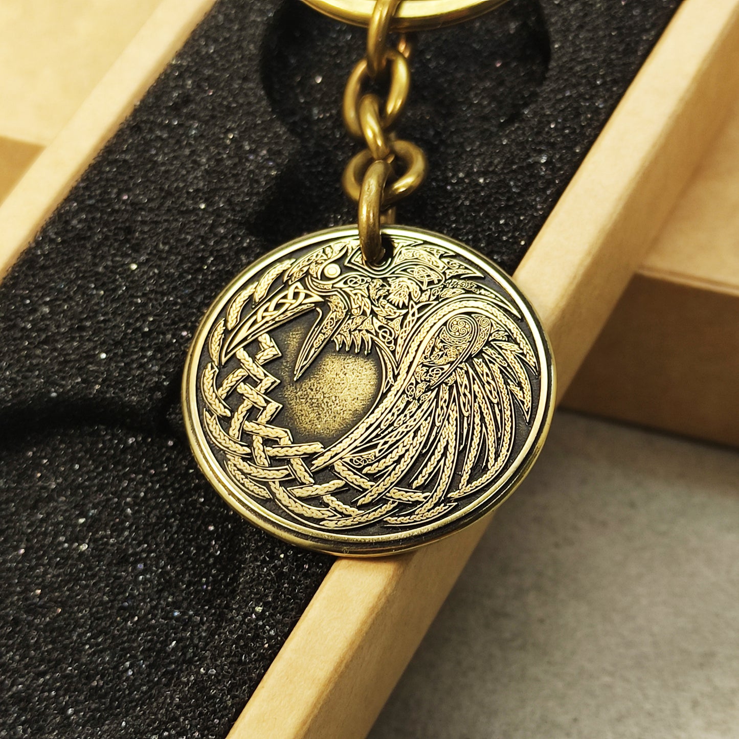 Brass Coin Keychain Odin’s Raven – Personalized Norse Talisman of Wisdom and Strength