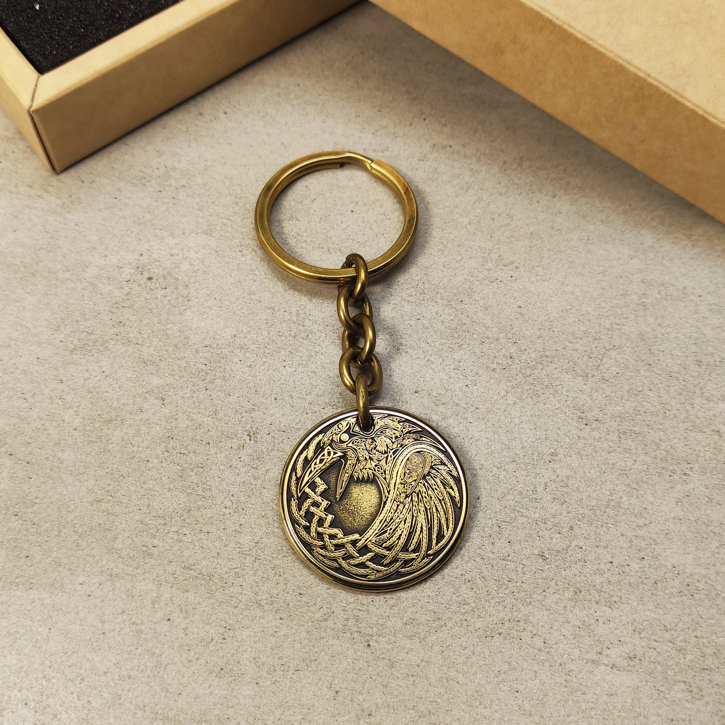 Brass Coin Keychain Odin’s Raven – Personalized Norse Talisman of Wisdom and Strength