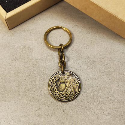 Brass Coin Keychain Odin’s Raven – Personalized Norse Talisman of Wisdom and Strength