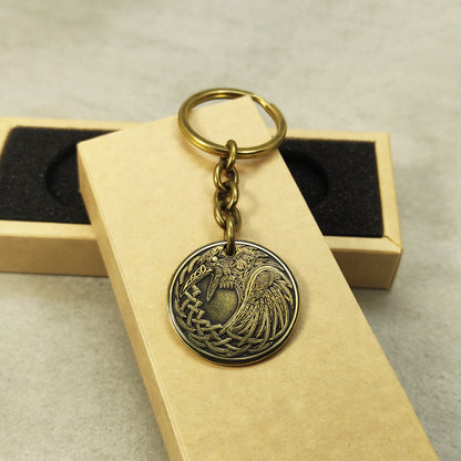 Brass Coin Keychain Odin’s Raven – Personalized Norse Talisman of Wisdom and Strength