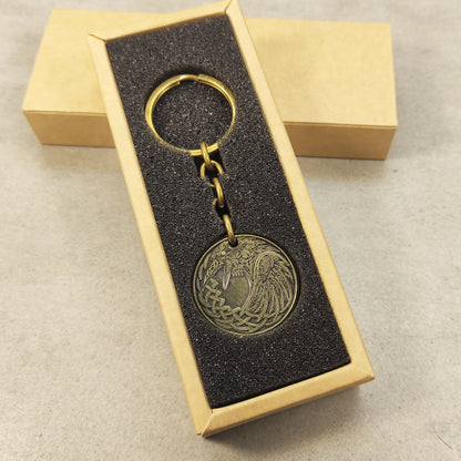 Brass Coin Keychain Odin’s Raven – Personalized Norse Talisman of Wisdom and Strength