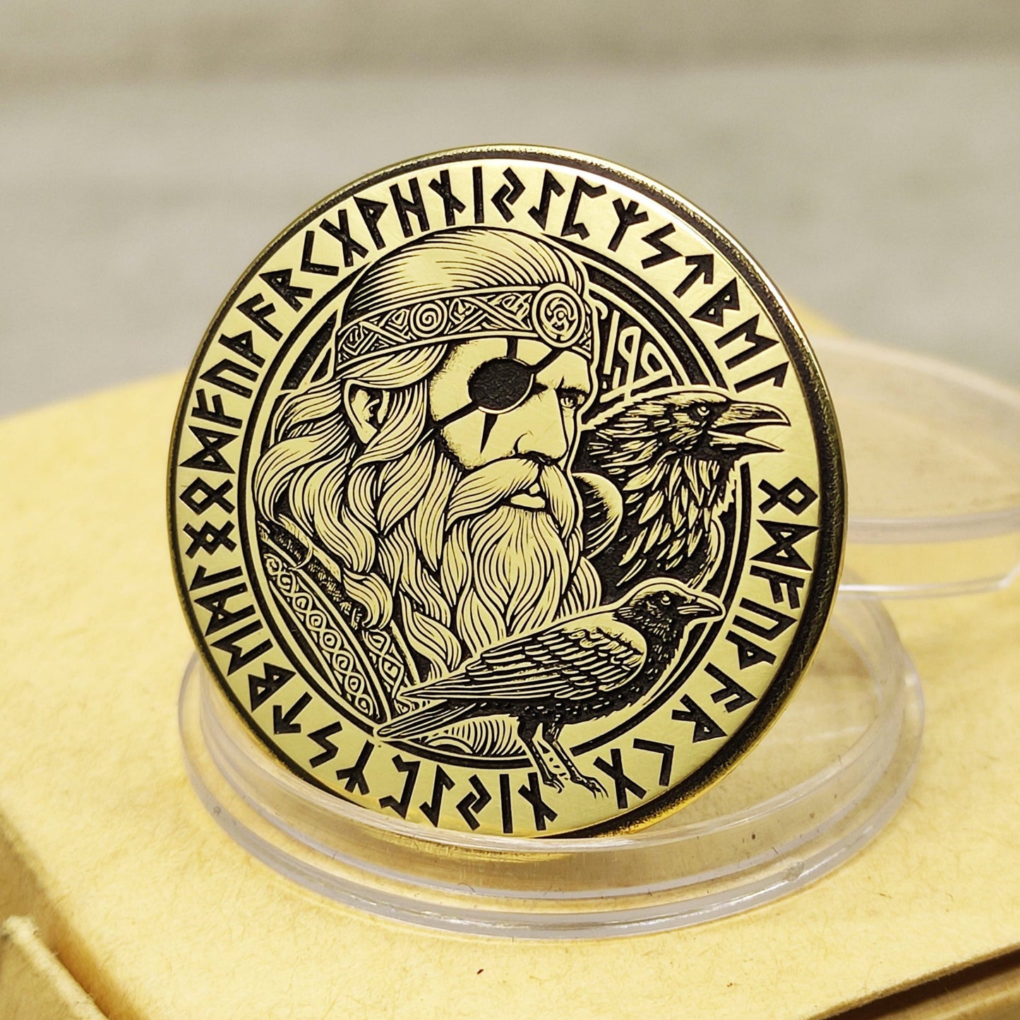 Personalized Brass Coin Featuring Odin and Norse Runes