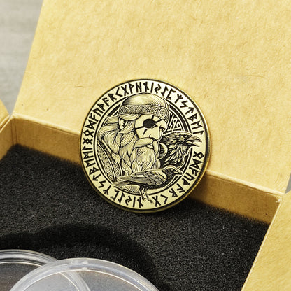 Personalized Brass Coin Featuring Odin and Norse Runes