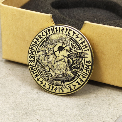 Personalized Brass Coin Featuring Odin and Norse Runes