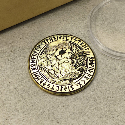 Personalized Brass Coin Featuring Odin and Norse Runes