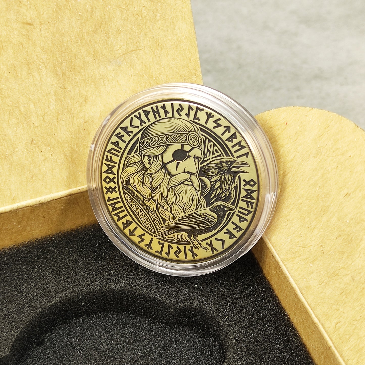Personalized Brass Coin Featuring Odin and Norse Runes