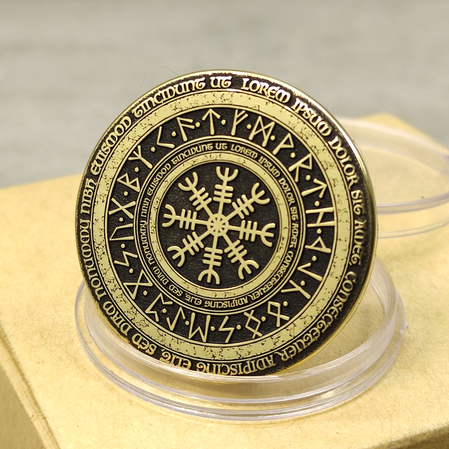 Brass Coin "Runic Scandinavian Circle Vegvisir" with Custom Engraving – Viking Compass Amulet of Luck and Protection