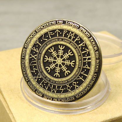 Brass Coin "Runic Scandinavian Circle Vegvisir" with Custom Engraving – Viking Compass Amulet of Luck and Protection