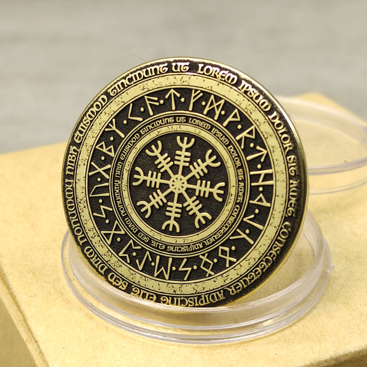 Brass Coin "Runic Scandinavian Circle Vegvisir" with Custom Engraving – Viking Compass Amulet of Luck and Protection
