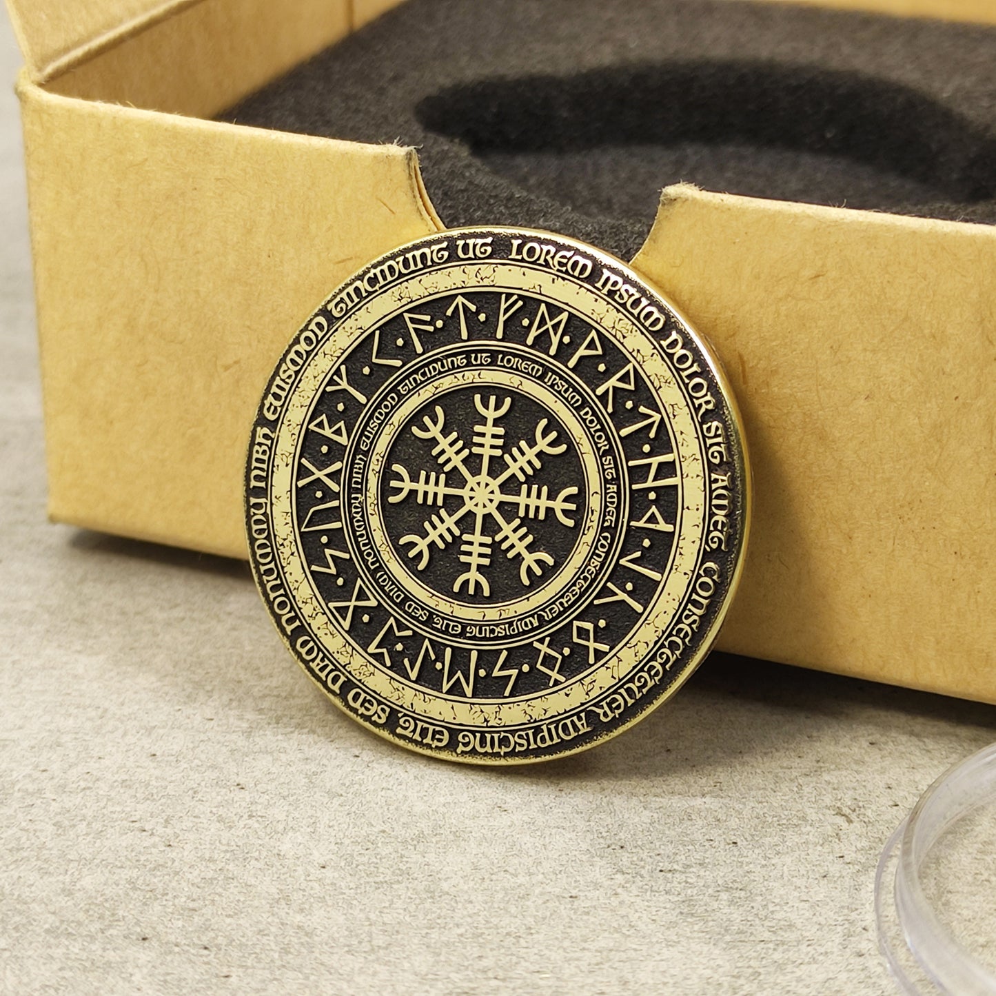 Brass Coin "Runic Scandinavian Circle Vegvisir" with Custom Engraving – Viking Compass Amulet of Luck and Protection