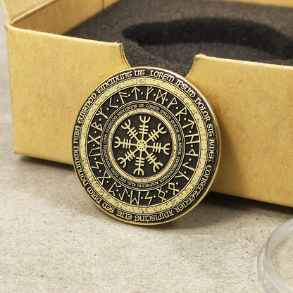 Brass Coin "Runic Scandinavian Circle Vegvisir" with Custom Engraving – Viking Compass Amulet of Luck and Protection