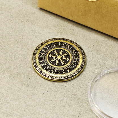 Brass Coin "Runic Scandinavian Circle Vegvisir" with Custom Engraving – Viking Compass Amulet of Luck and Protection