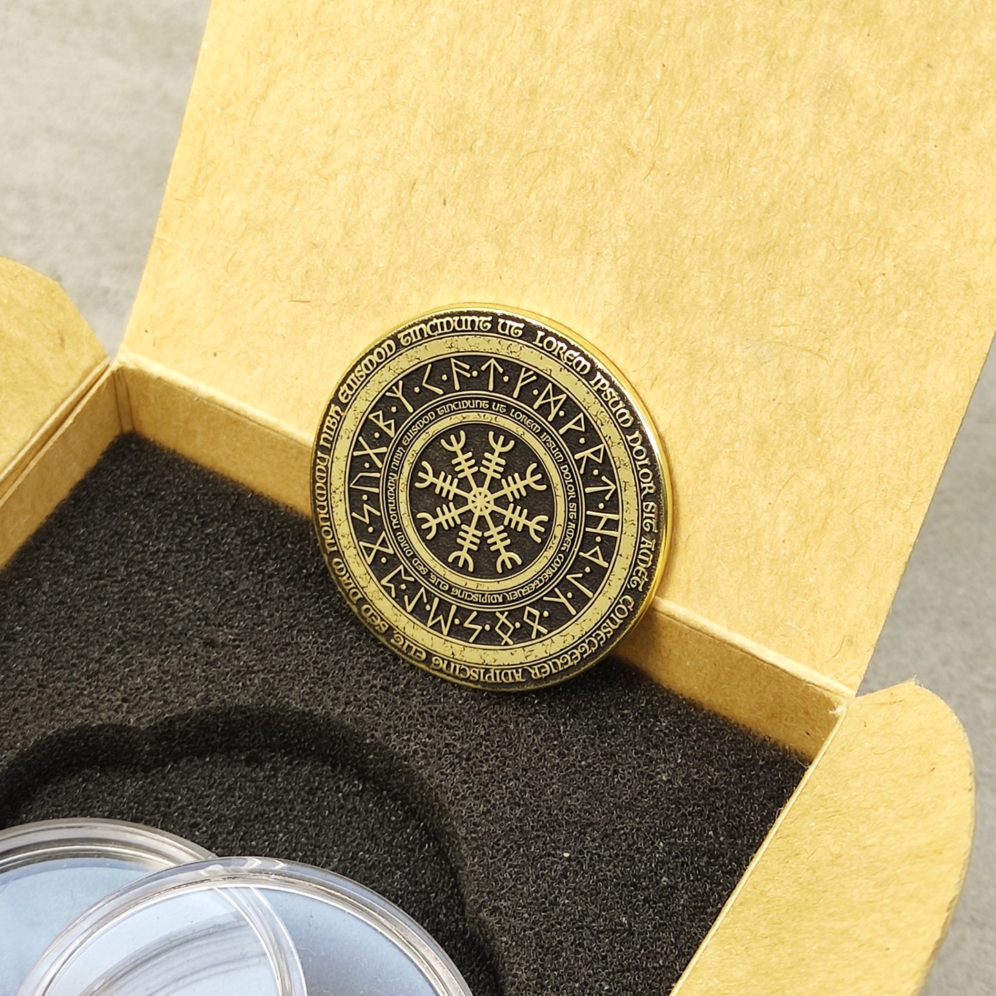 Brass Coin "Runic Scandinavian Circle Vegvisir" with Custom Engraving – Viking Compass Amulet of Luck and Protection