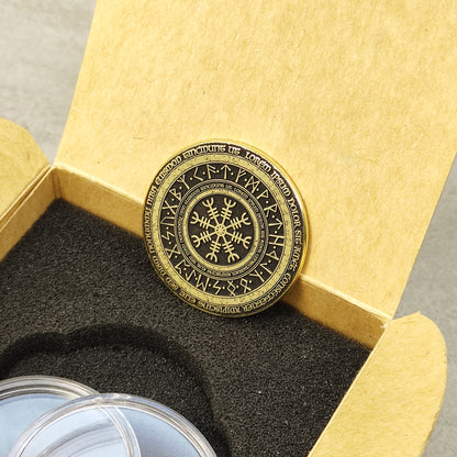 Brass Coin "Runic Scandinavian Circle Vegvisir" with Custom Engraving – Viking Compass Amulet of Luck and Protection