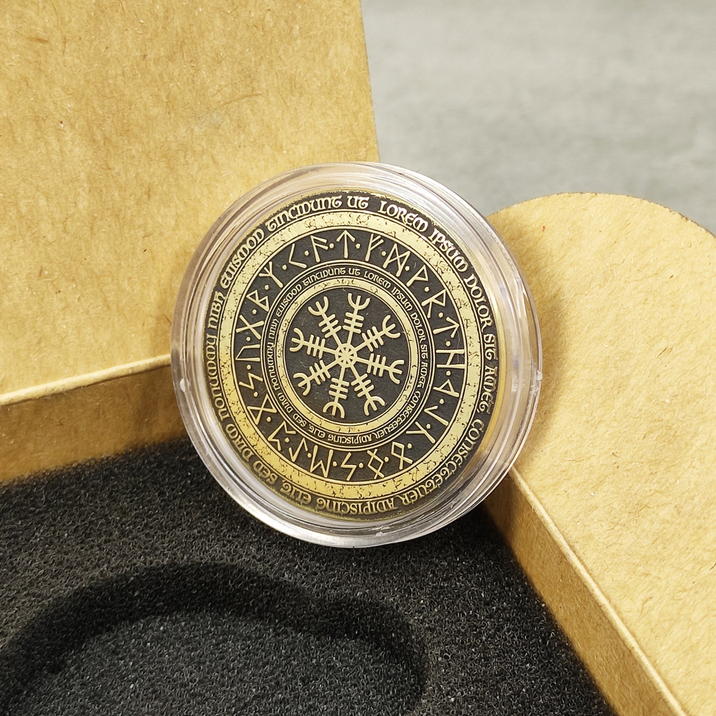 Brass Coin "Runic Scandinavian Circle Vegvisir" with Custom Engraving – Viking Compass Amulet of Luck and Protection