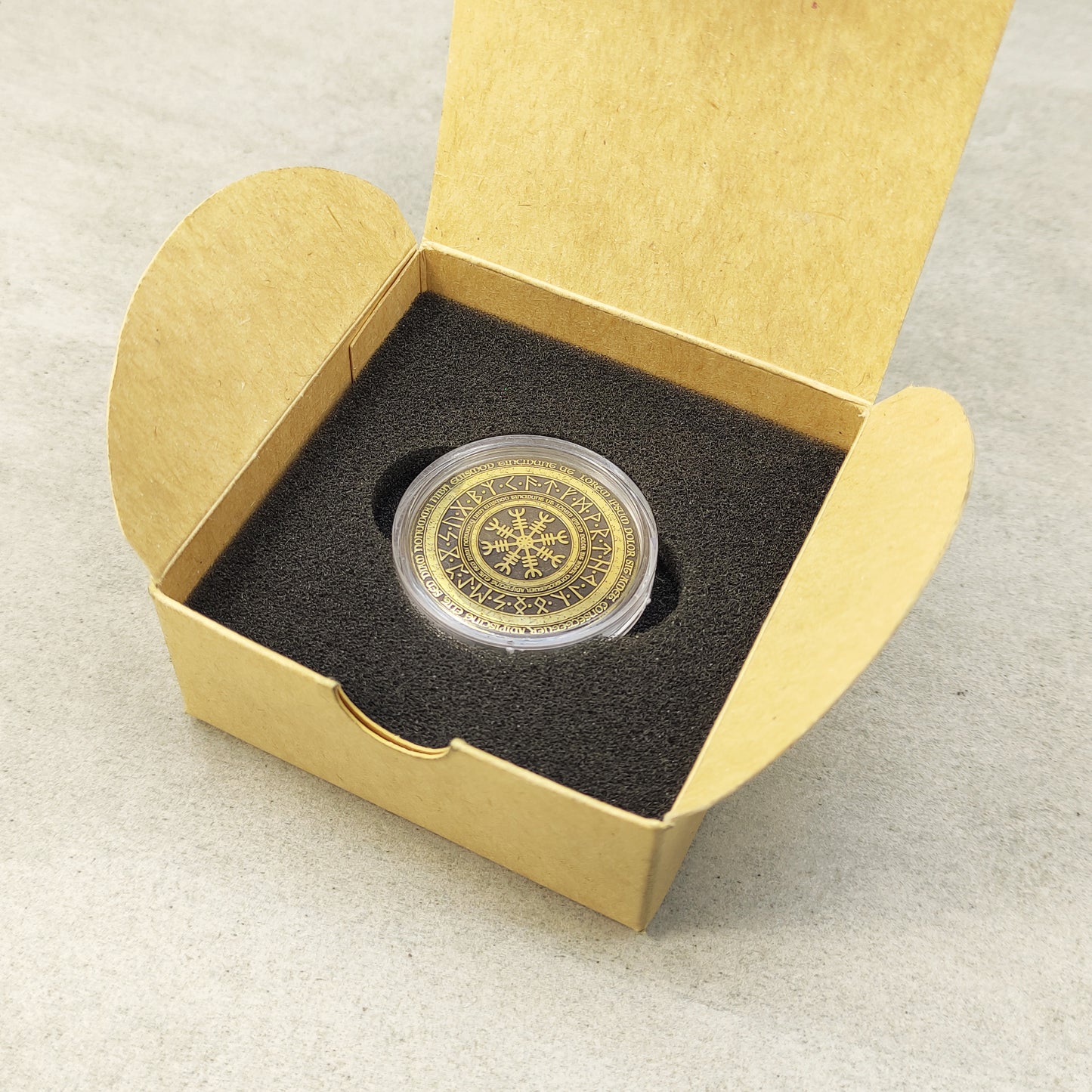 Brass Coin "Runic Scandinavian Circle Vegvisir" with Custom Engraving – Viking Compass Amulet of Luck and Protection