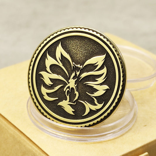 Personalized Brass Coin Kitsune — Nine-Tailed Fox with Custom Engraving