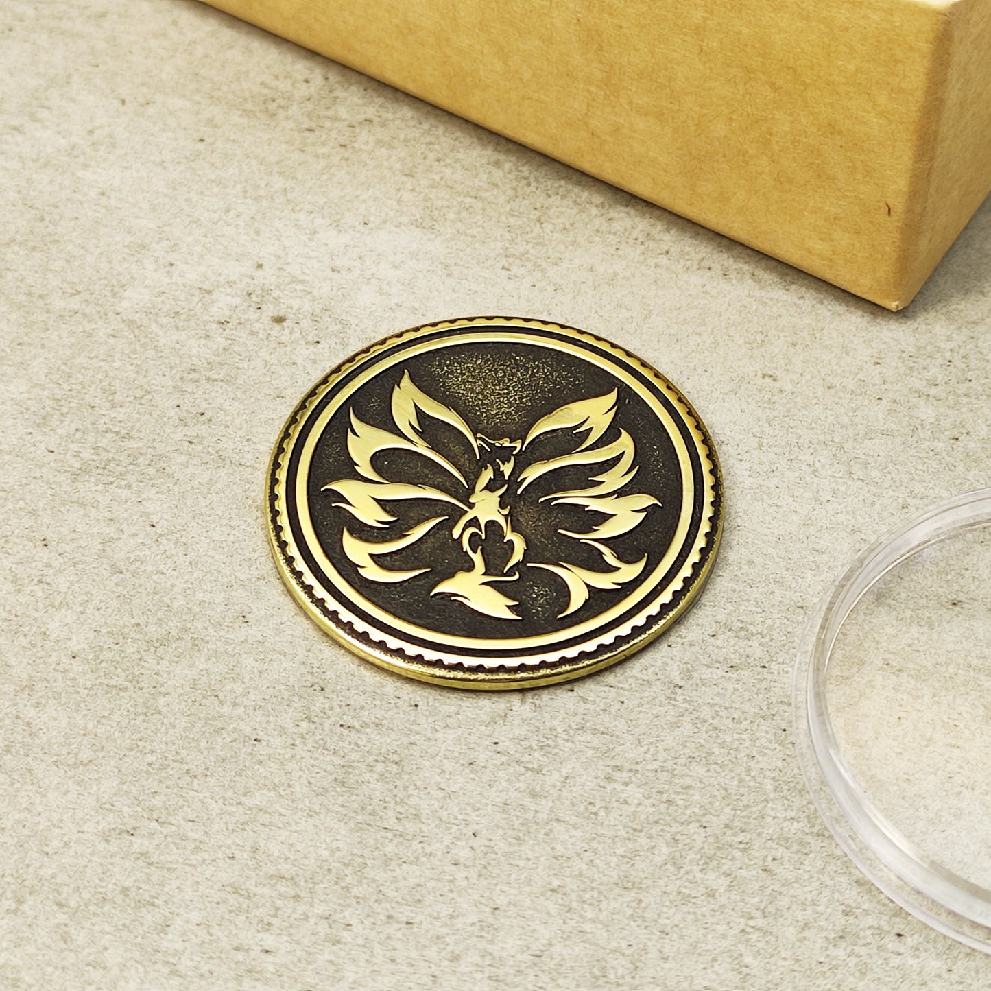 Personalized Brass Coin Kitsune — Nine-Tailed Fox with Custom Engraving