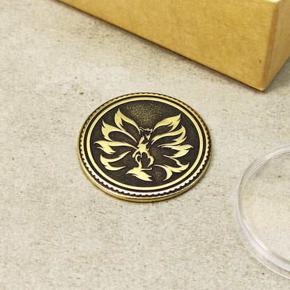 Personalized Brass Coin Kitsune — Nine-Tailed Fox with Custom Engraving