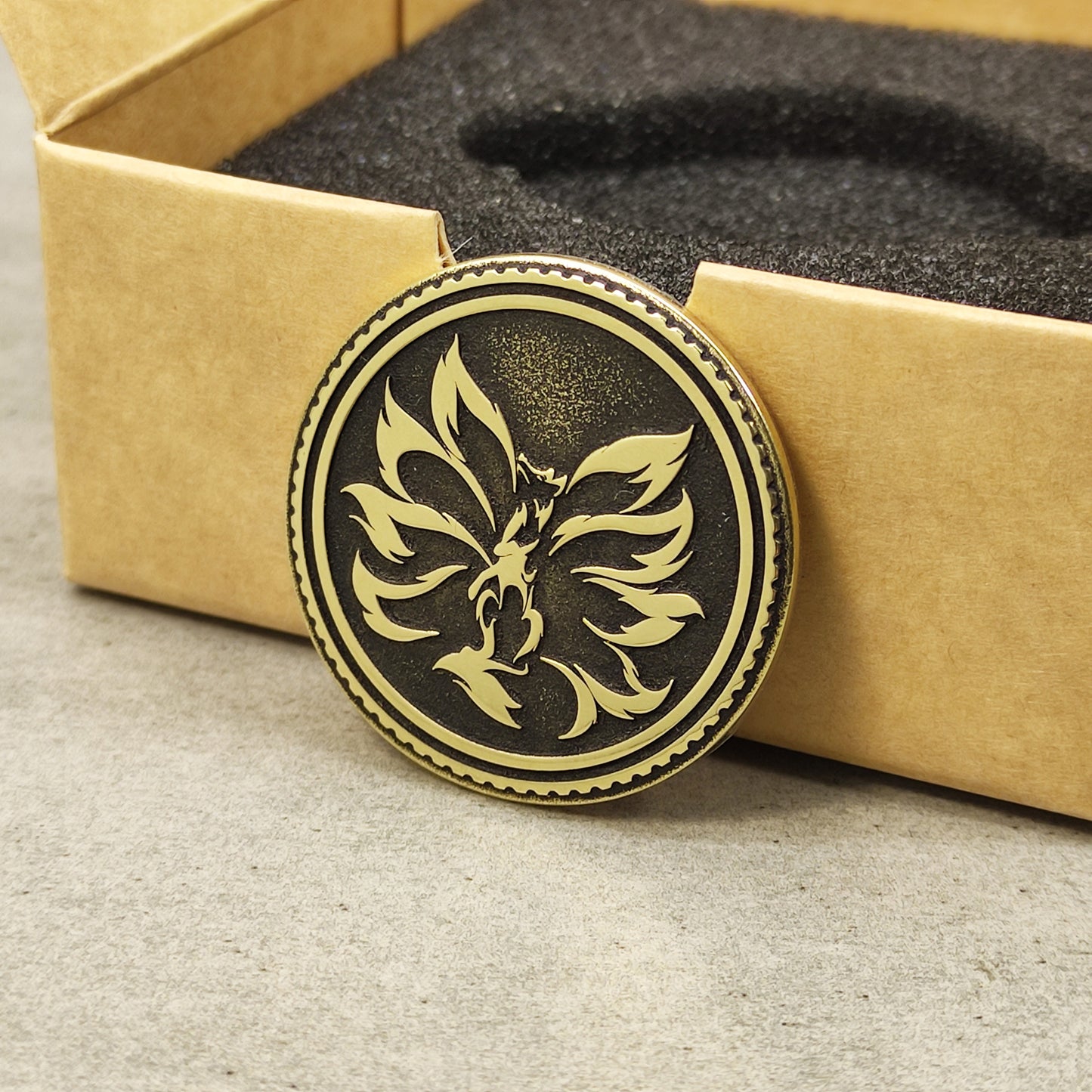 Personalized Brass Coin Kitsune — Nine-Tailed Fox with Custom Engraving