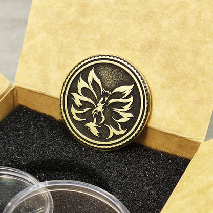 Personalized Brass Coin Kitsune — Nine-Tailed Fox with Custom Engraving