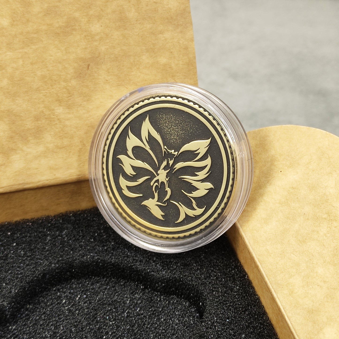 Personalized Brass Coin Kitsune — Nine-Tailed Fox with Custom Engraving