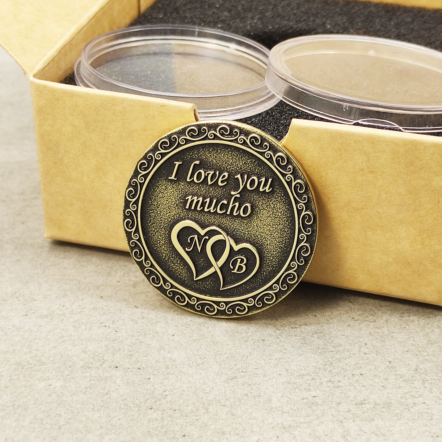 Brass Love Coin with Engraving – Personalized Gift for Couples, Anniversary or Valentine’s Day